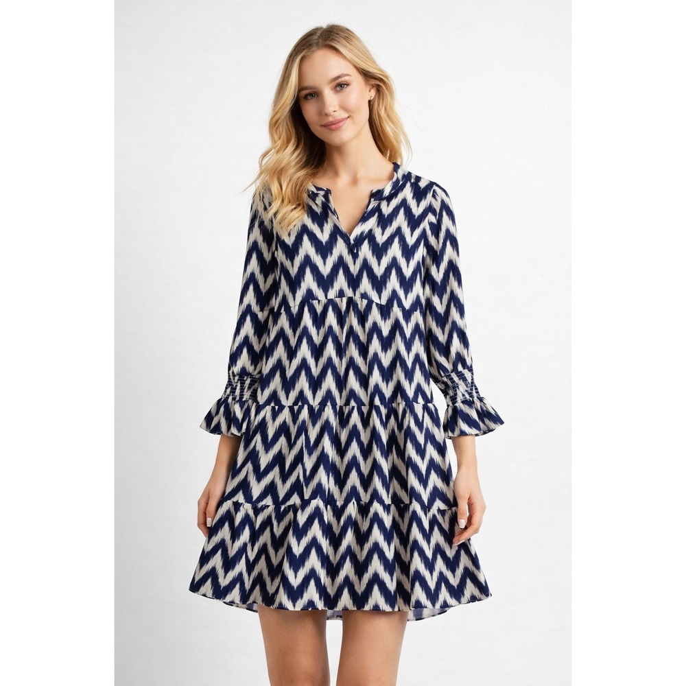 Pomander Place Navy Ikat Chevron Tiered‎ Mini Dress XL Smocked Ruffle Cuff
